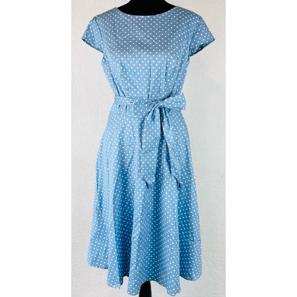 (NWOT) DRESSYSTAR • Blue/White Polka Dot Vintage-Inspired Cap Sleeve Dress, M - Picture 5 of 16